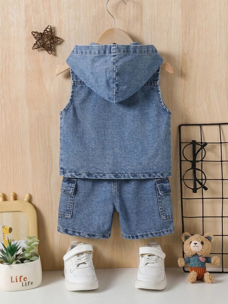 2pcs Boys Hooded Denim Vest & Cargo Shorts Set - Cerulean | 21 Cent...