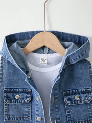 2pcs Boys Hooded Denim Vest & Cargo Shorts Set - Cerulean | 21 Cent...