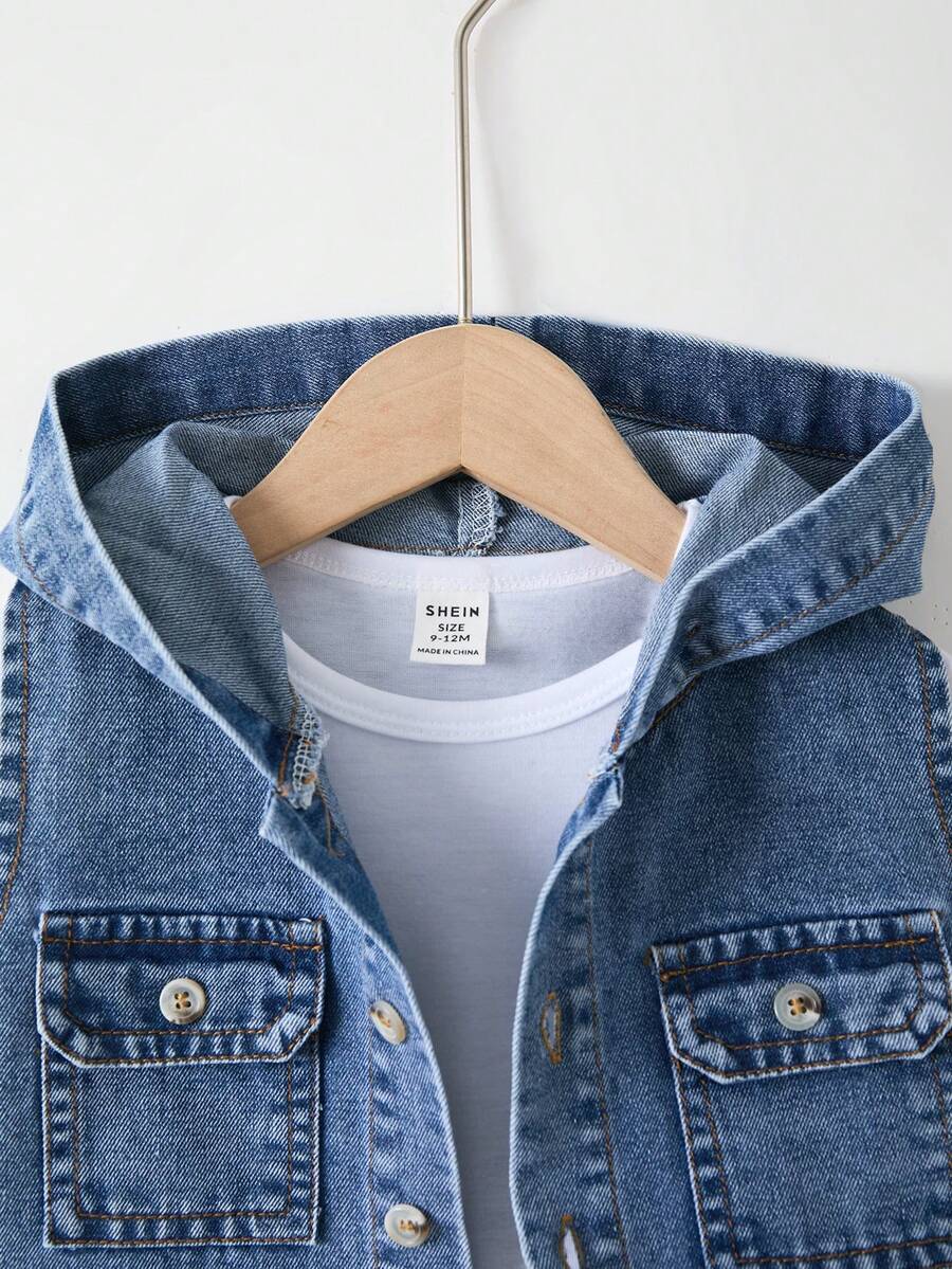 2pcs Boys Hooded Denim Vest & Cargo Shorts Set - Cerulean | 21 Cent...