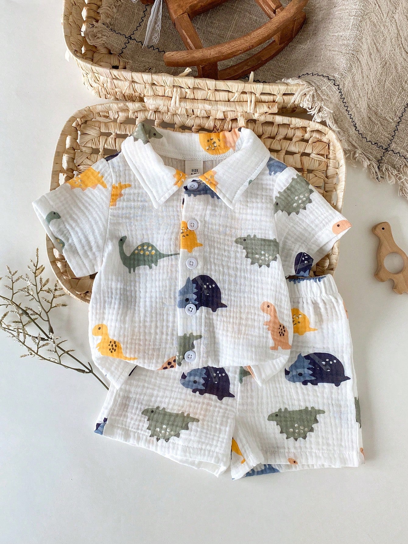 Baby Boys Dinosaur Print Collar Shirt & Shorts Set - Ivory