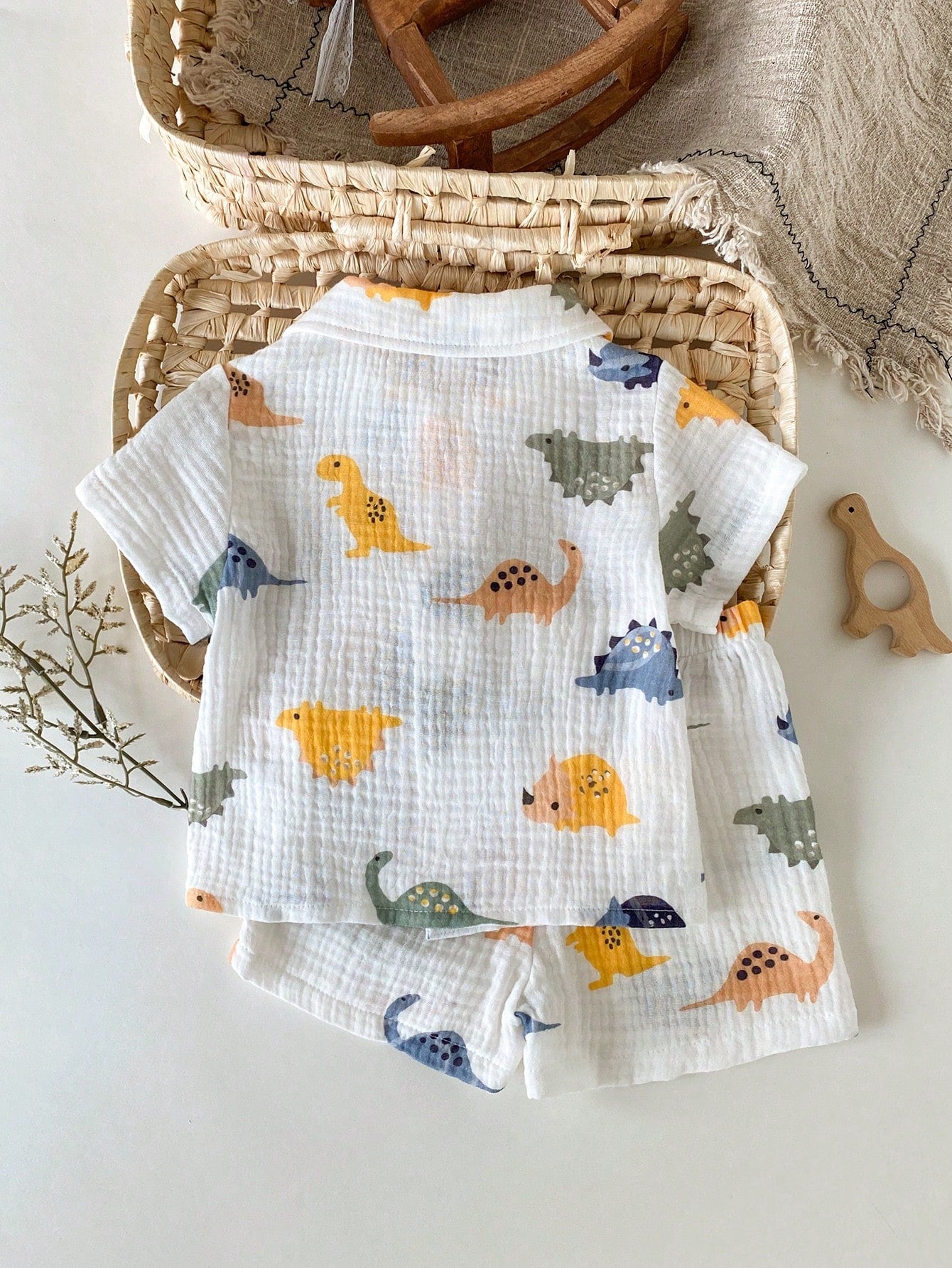 Baby Boys Dinosaur Print Collar Shirt & Shorts Set - Ivory