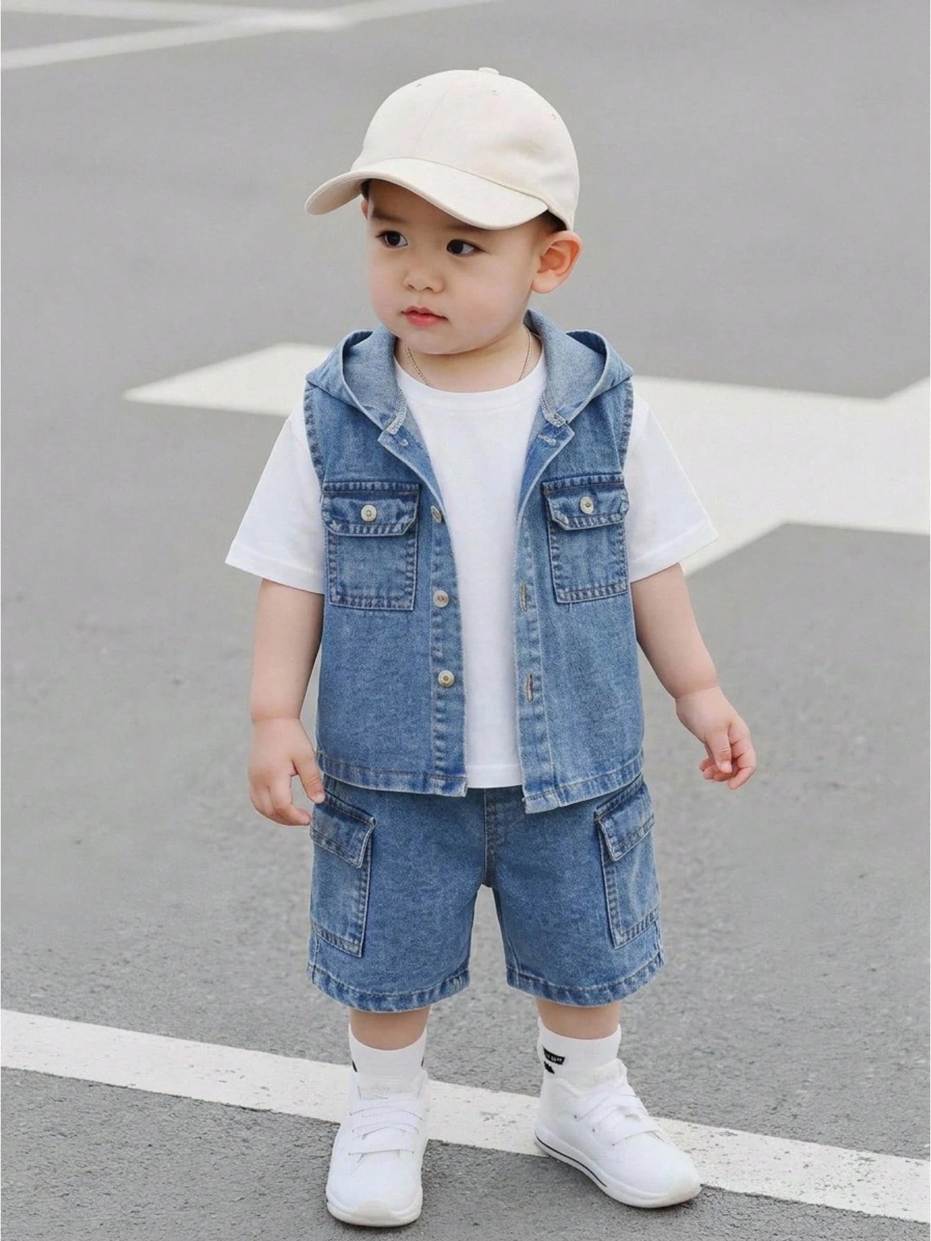 2pcs Boys Hooded Denim Vest & Cargo Shorts Set - Cerulean | 21 Cent...