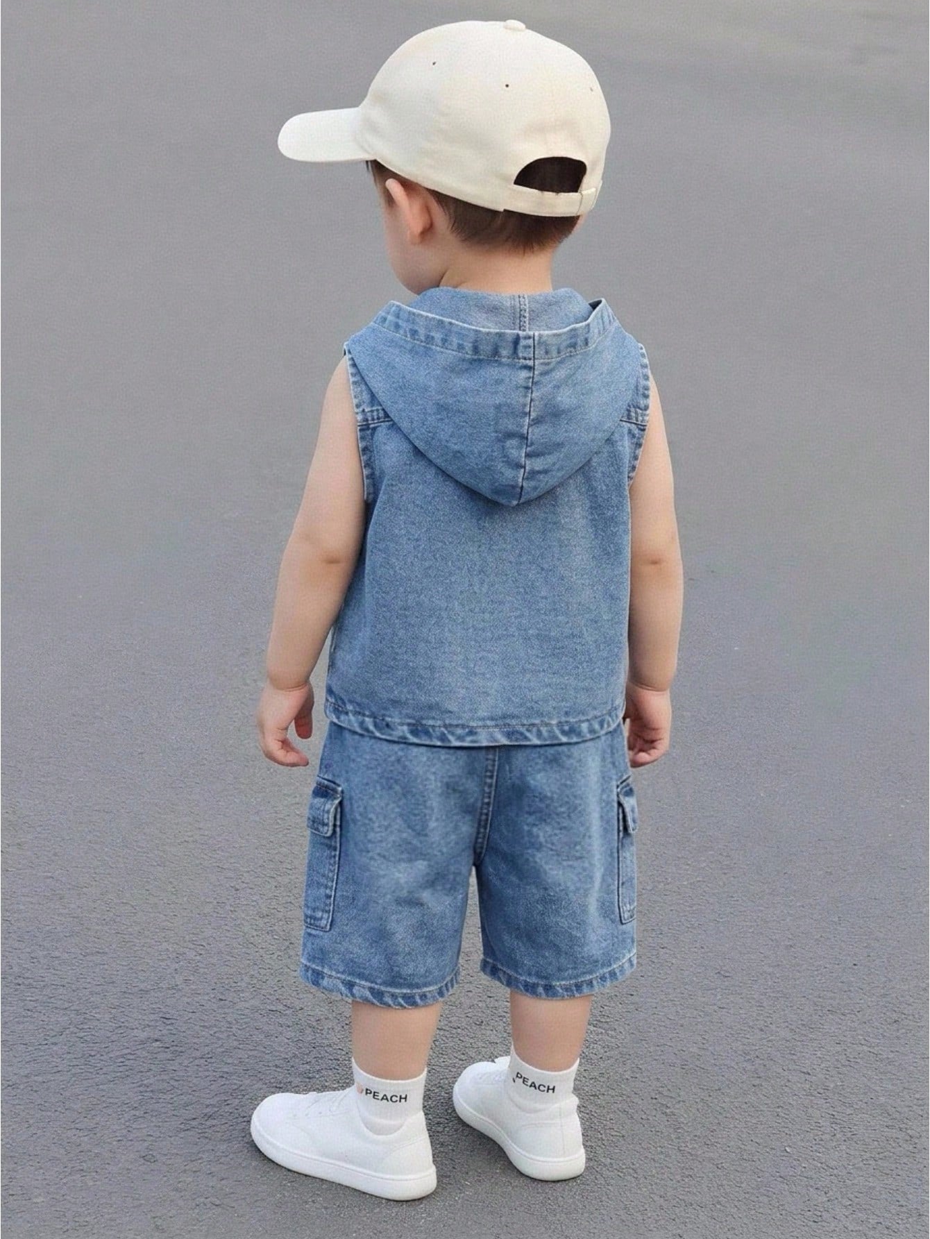 2pcs Boys Hooded Denim Vest & Cargo Shorts Set - Cerulean | 21 Cent...