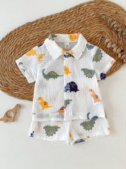 Baby Boys Dinosaur Print Collar Shirt & Shorts Set - Ivory