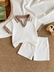 2pcs Boys Ribbed Polo Shirt & Shorts Set - Ivory