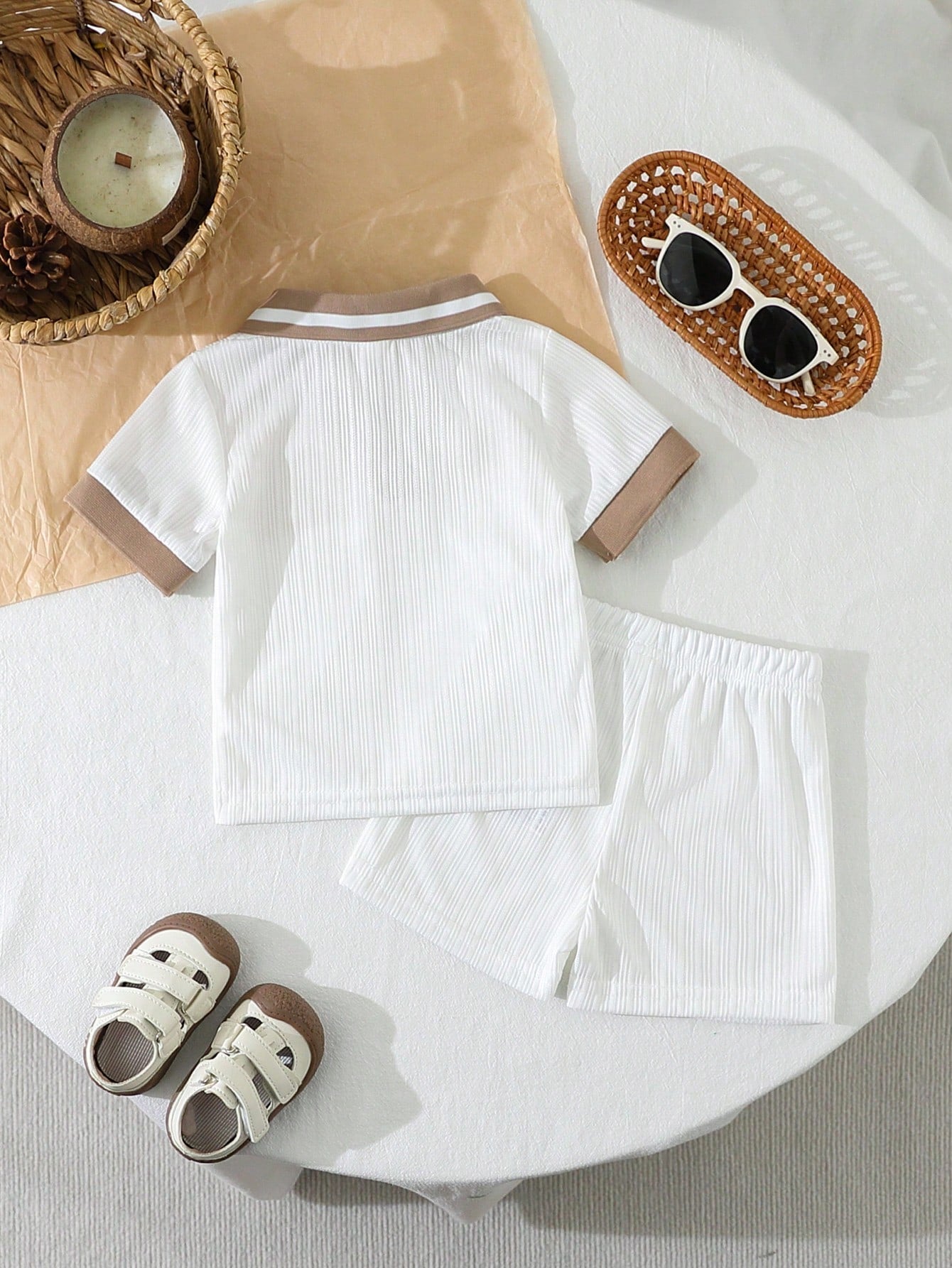 2pcs Boys Ribbed Polo Shirt & Shorts Set - Ivory