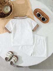 2pcs Boys Ribbed Polo Shirt & Shorts Set - Ivory