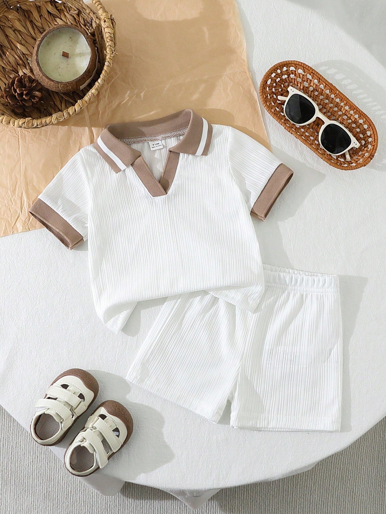 2pcs Boys Ribbed Polo Shirt & Shorts Set - Ivory