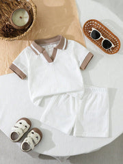 2pcs Boys Ribbed Polo Shirt & Shorts Set - Ivory