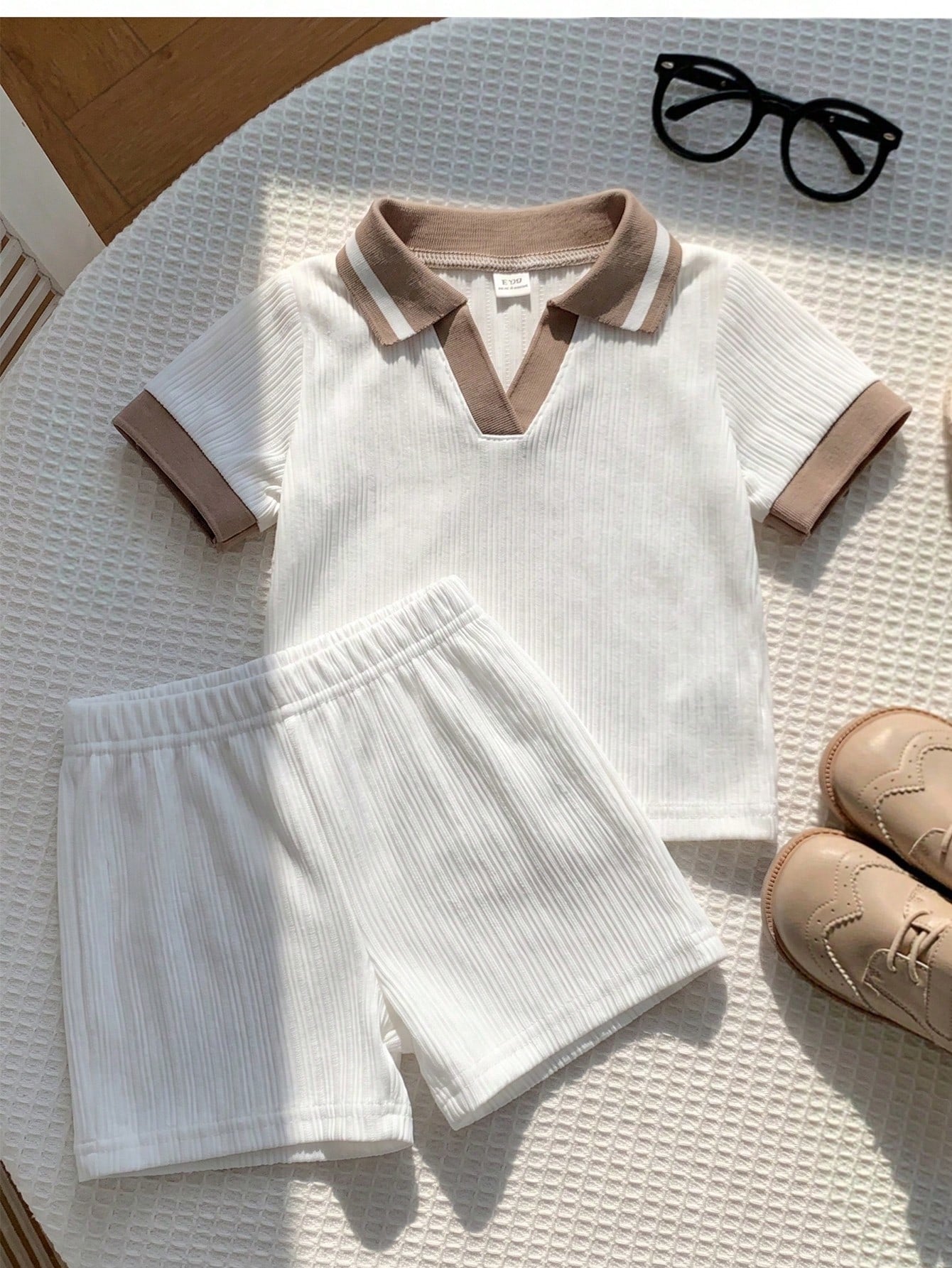 2pcs Boys Ribbed Polo Shirt & Shorts Set - Ivory