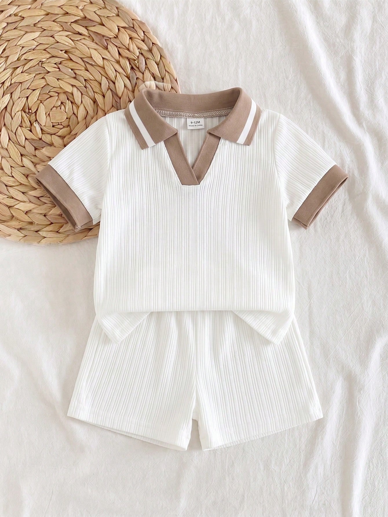 2pcs Boys Ribbed Polo Shirt & Shorts Set - Ivory