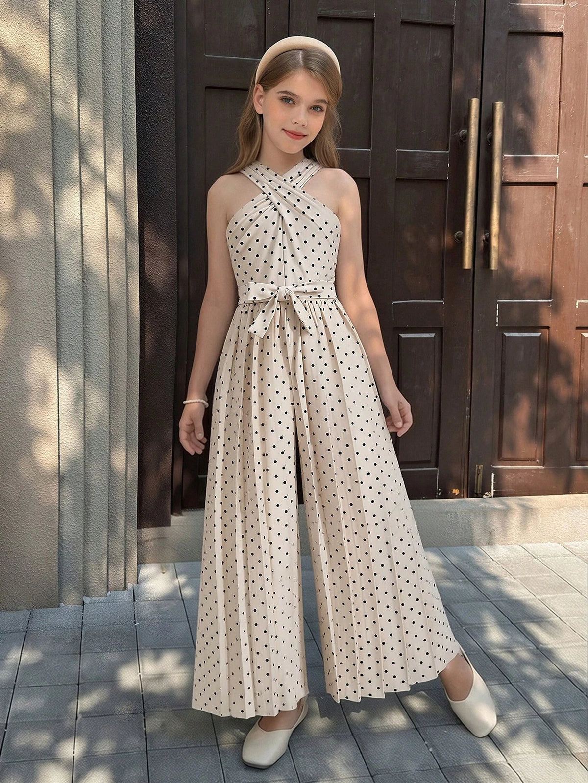 Big Girls Polka Dot Crossover Halter Pleated Maxi Jumpsuit - Ecru |...