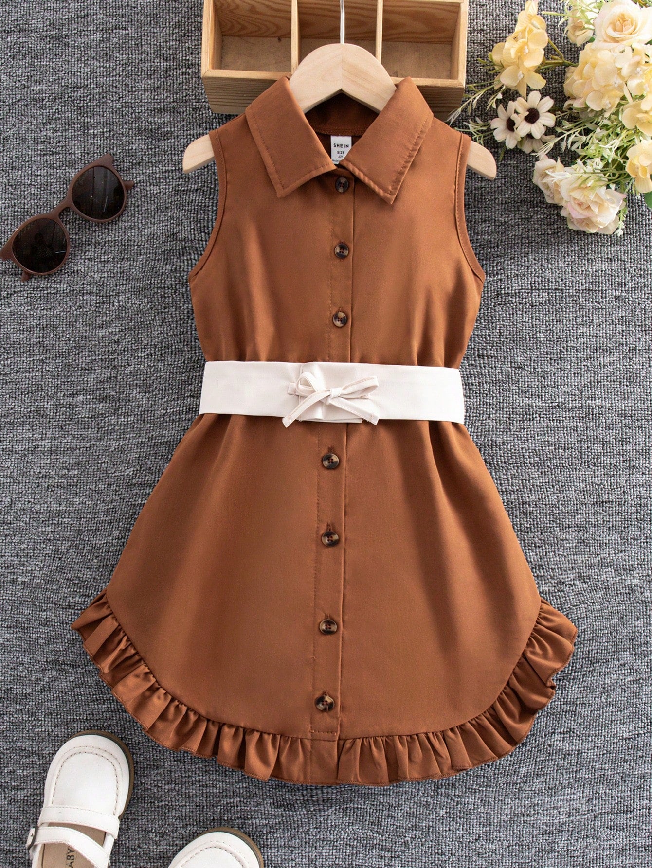 Little Girls Ruffle Hem Belted Shirt Dress - Ochre | 21 Century Kids