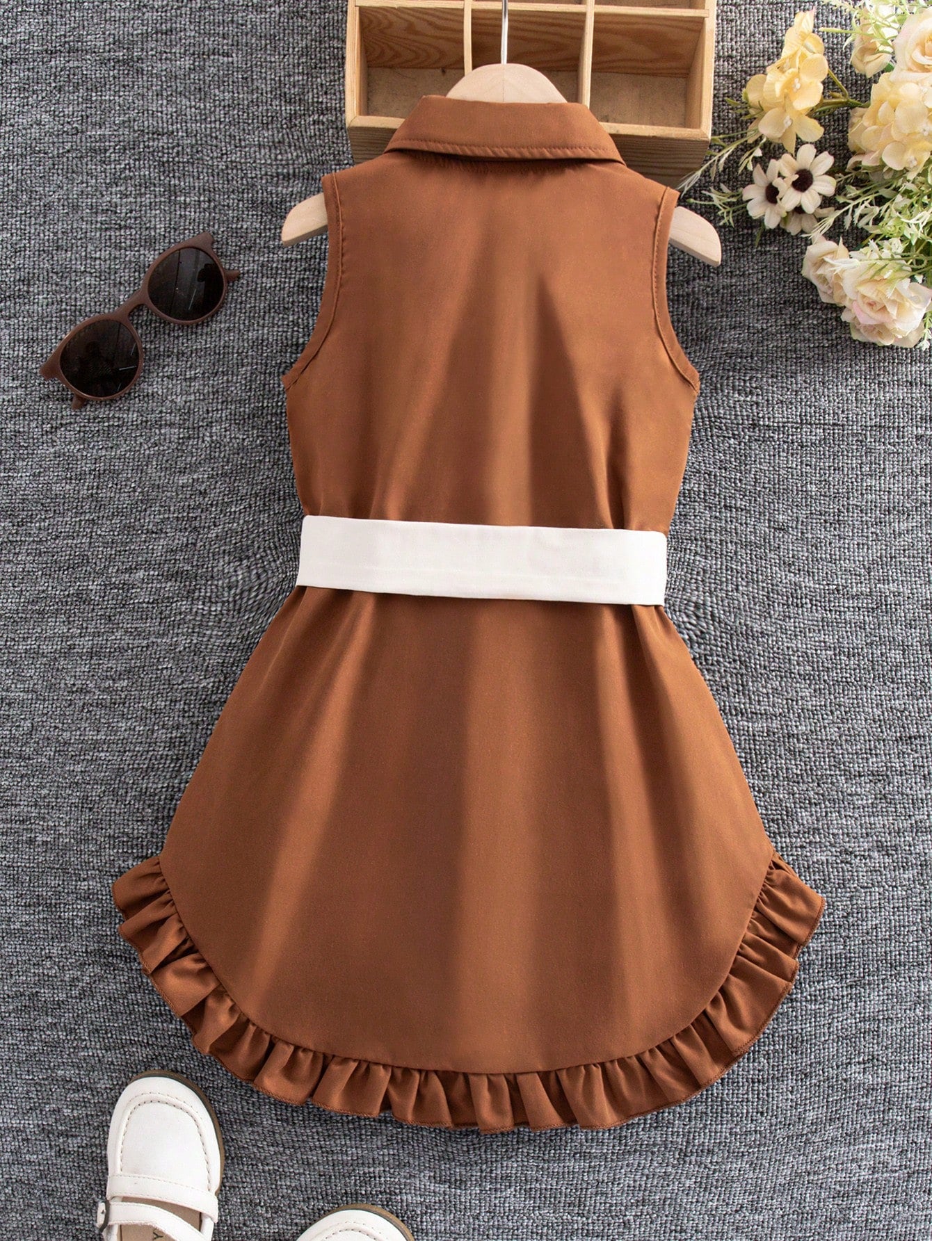 Little Girls Ruffle Hem Belted Shirt Dress - Ochre | 21 Century Kids