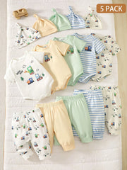 5pcs Baby Boys Train Print Bodysuit, Jogger & Knotted Hat Set - Ivo...