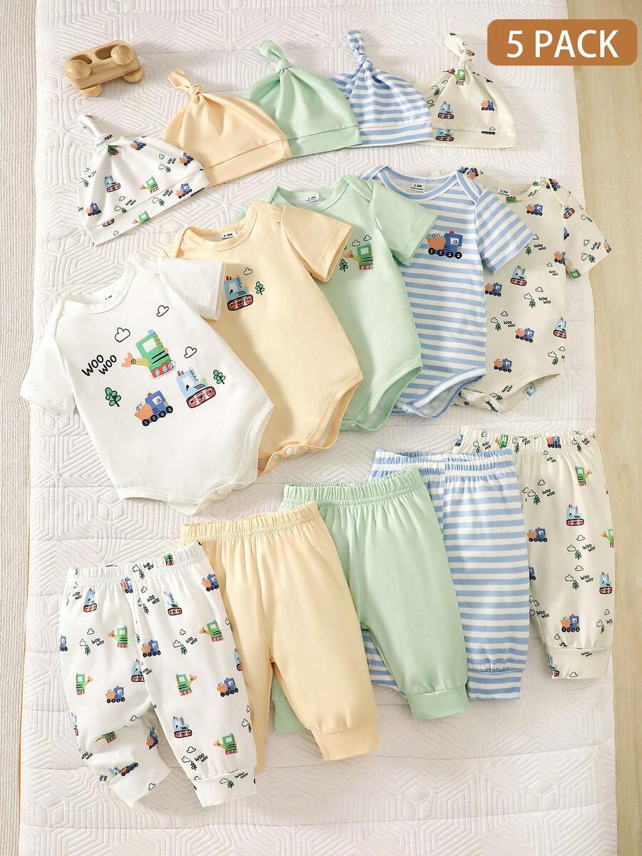 5pcs Baby Boys Train Print Bodysuit, Jogger & Knotted Hat Set - Ivo...