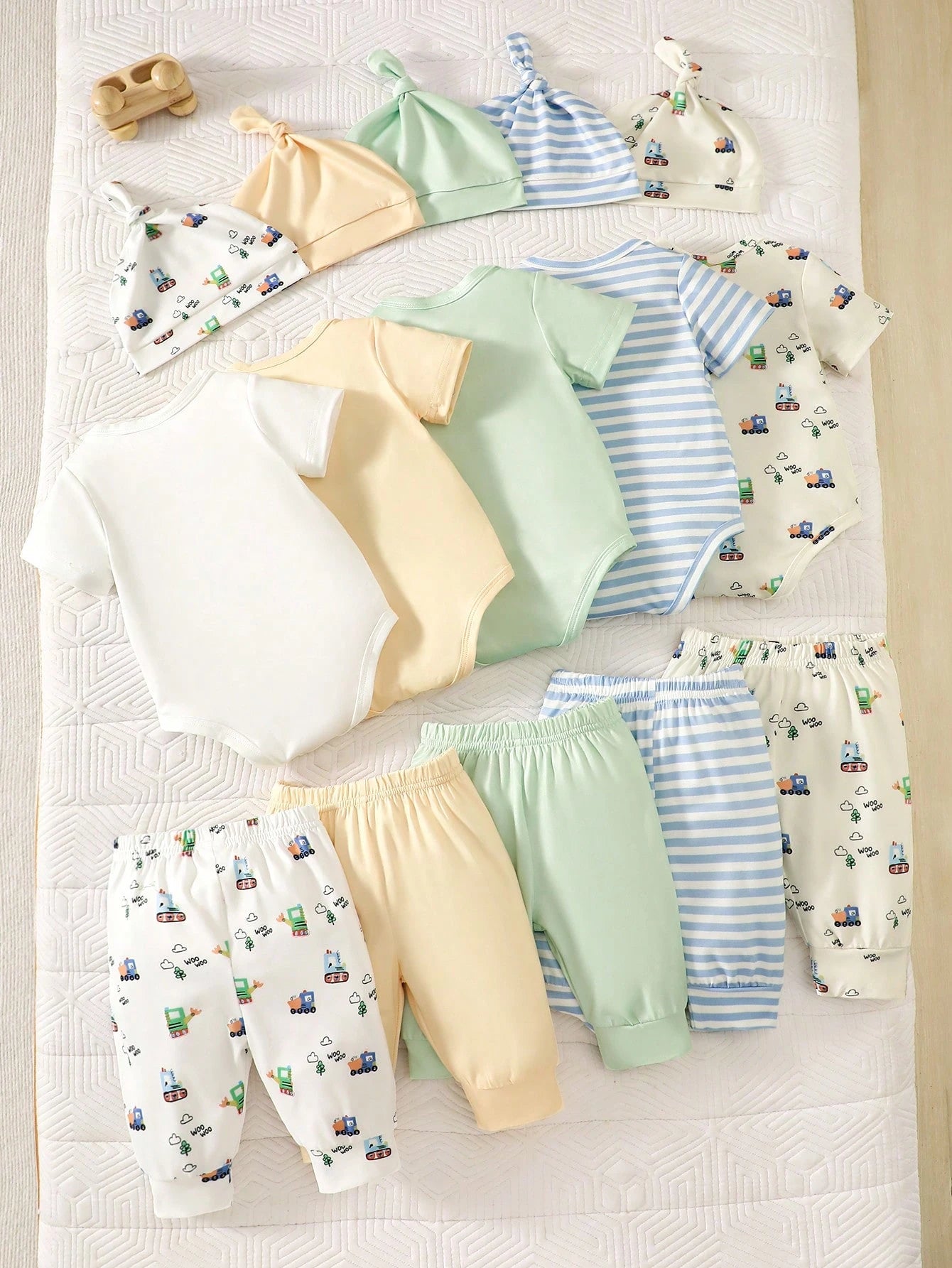 5pcs Baby Boys Train Print Bodysuit, Jogger & Knotted Hat Set - Ivo...