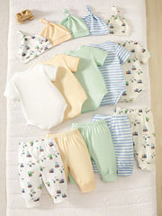 5pcs Baby Boys Train Print Bodysuit, Jogger & Knotted Hat Set - Ivo...