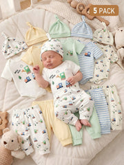 5pcs Baby Boys Train Print Bodysuit, Jogger & Knotted Hat Set - Ivo...