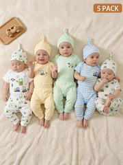 5pcs Baby Boys Train Print Bodysuit, Jogger & Knotted Hat Set - Ivo...