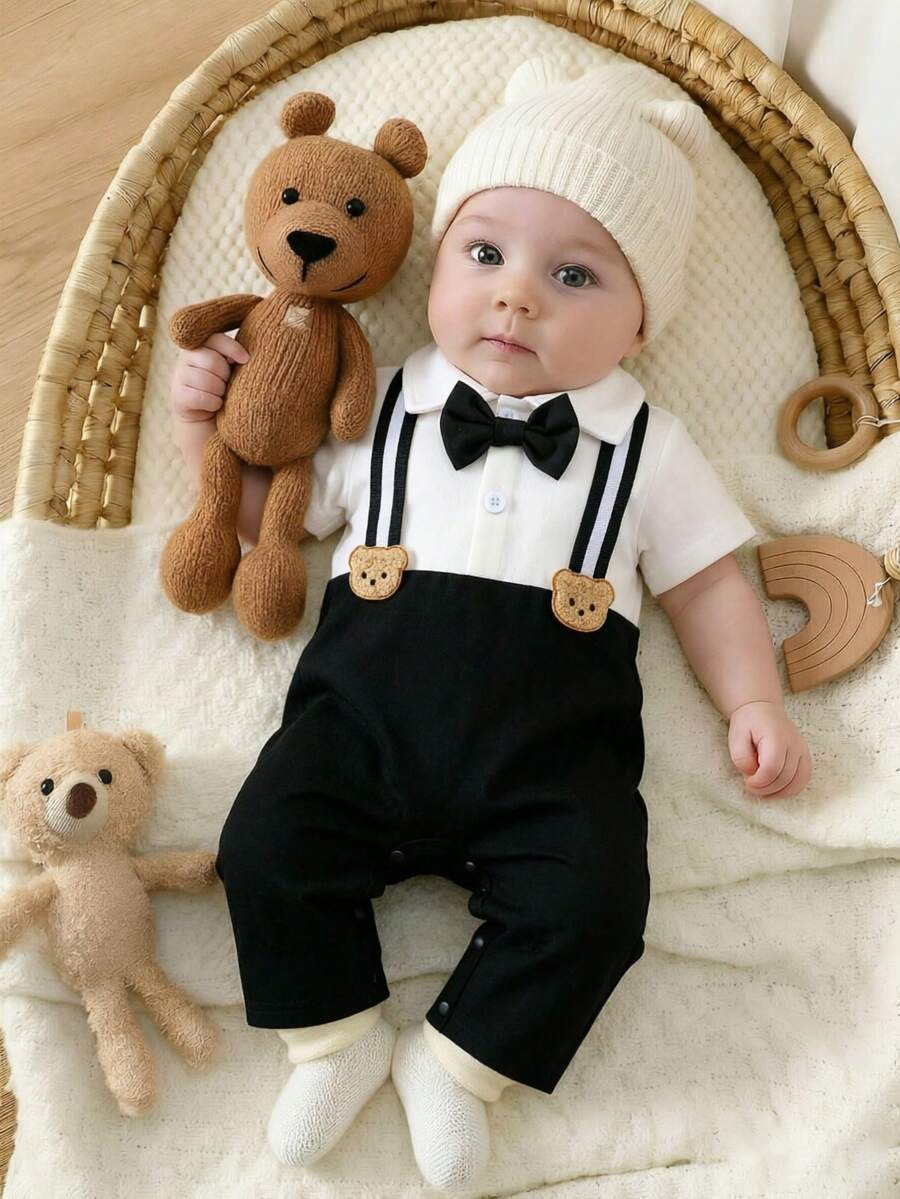 Baby Boys Bear Appliqué Bow Tie Formal Romper - Onyx | 21 Century Kids
