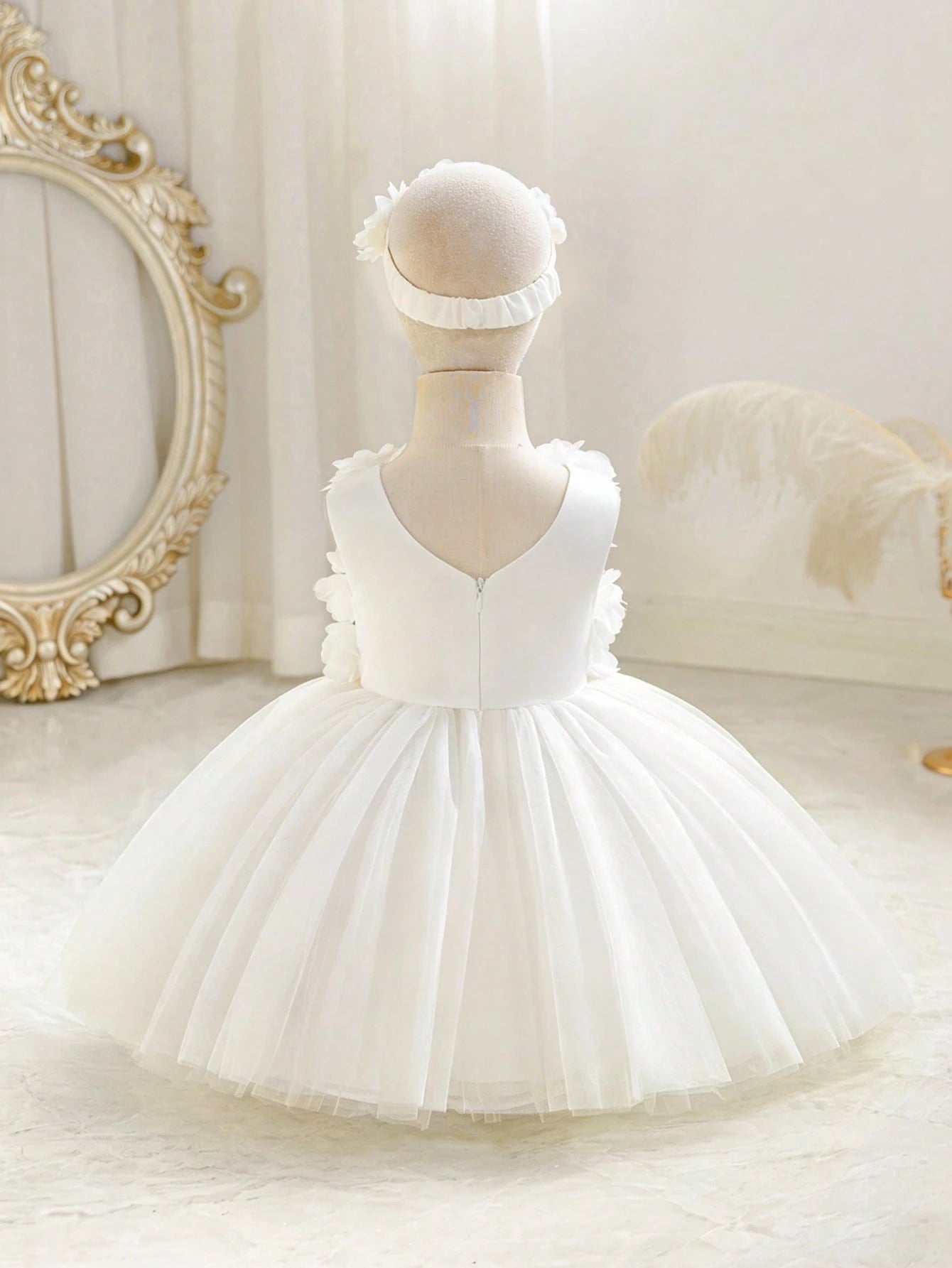 2pcs Girls Daisy Appliqué Tulle Dress & Headband Set - Ivory | 21 C...