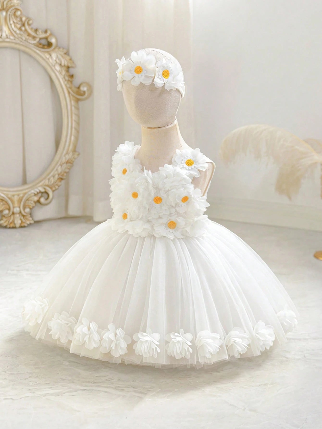 2pcs Girls Daisy Appliqué Tulle Dress & Headband Set - Ivory | 21 C...