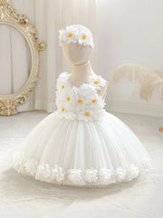 2pcs Girls Daisy Appliqué Tulle Dress & Headband Set - Ivory | 21 C...