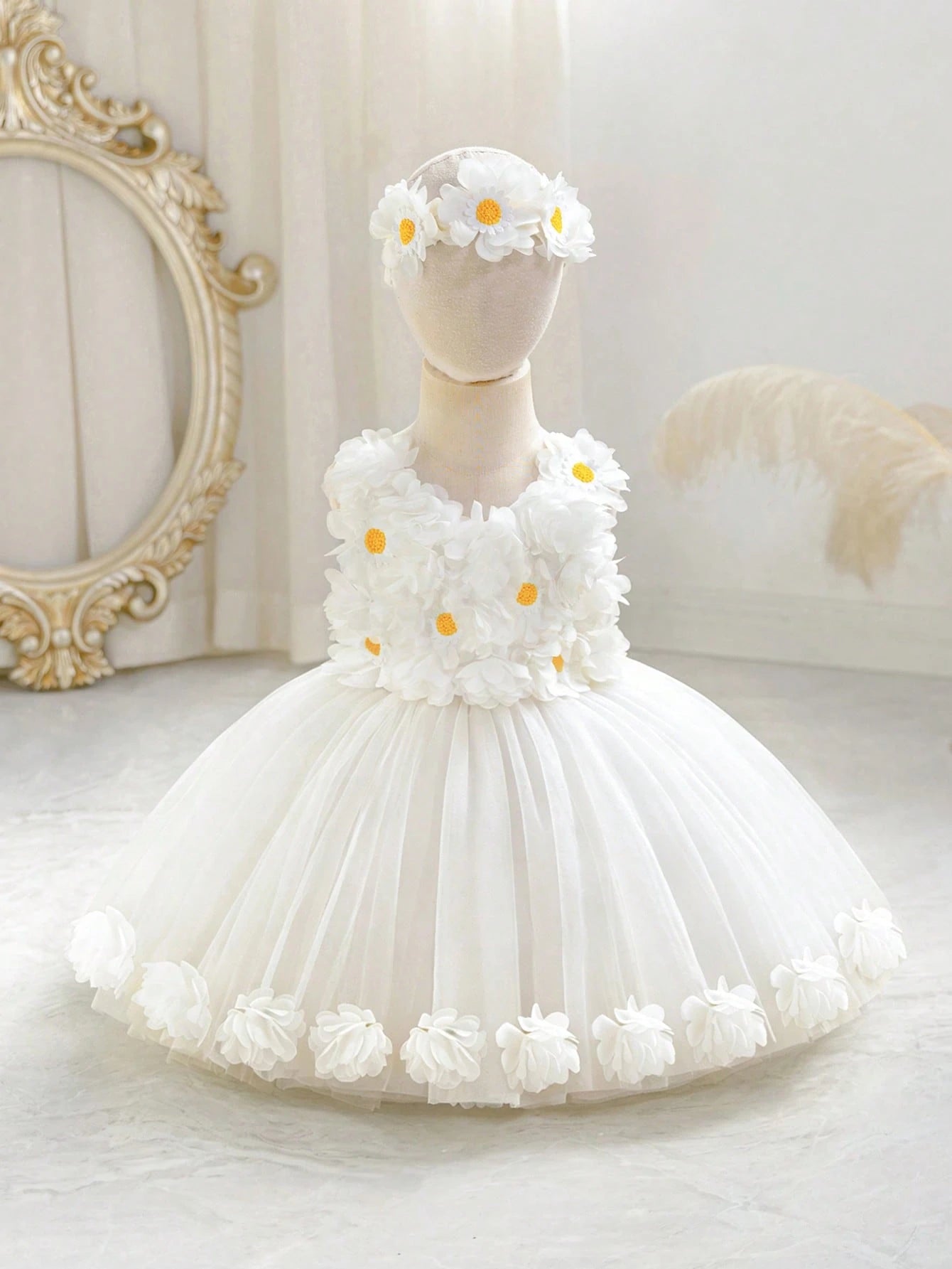 2pcs Girls Daisy Appliqué Tulle Dress & Headband Set - Ivory | 21 C...