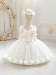 2pcs Girls Daisy Appliqué Tulle Dress & Headband Set - Ivory | 21 C...