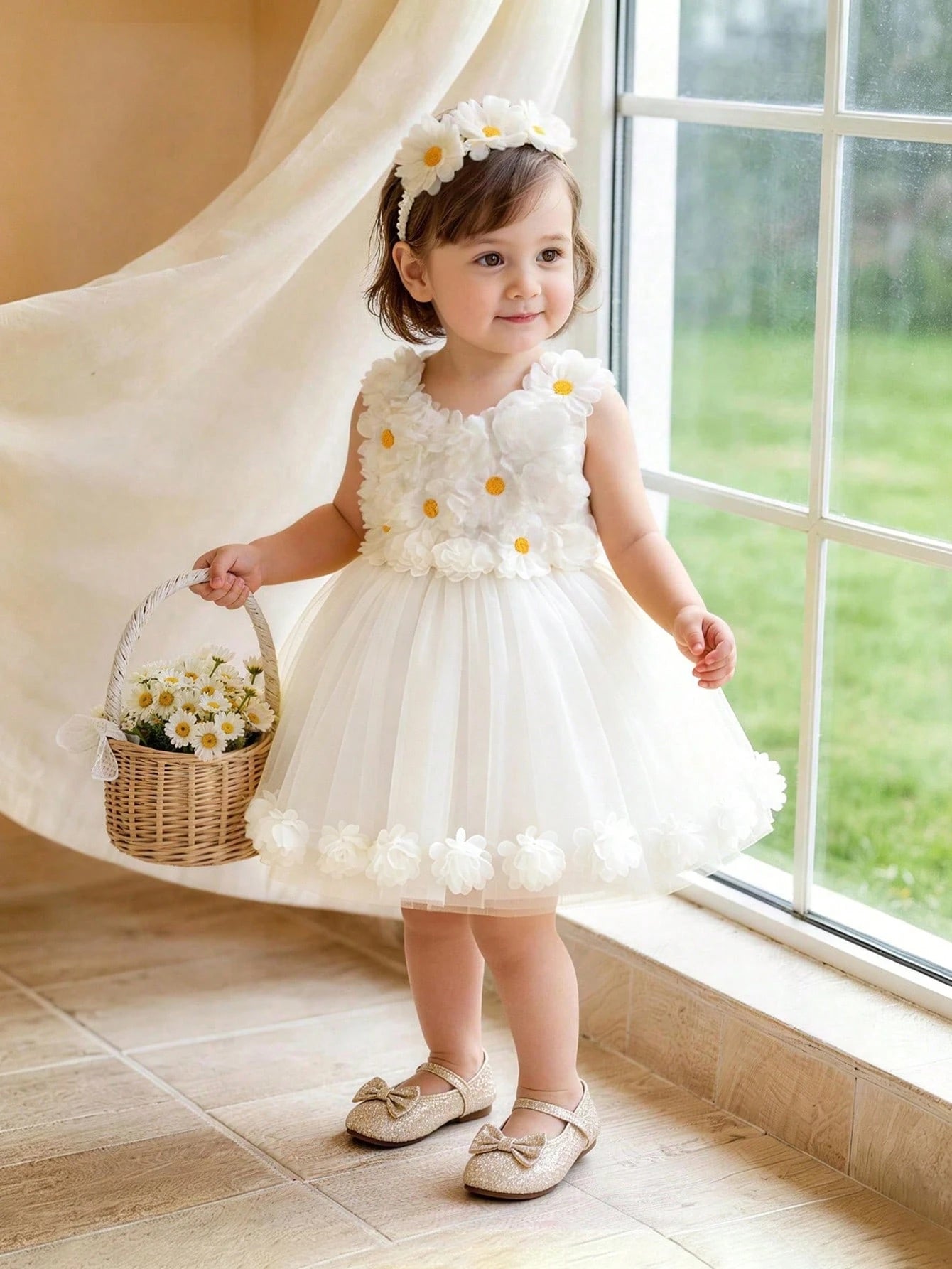 2pcs Girls Daisy Appliqué Tulle Dress & Headband Set - Ivory | 21 C...