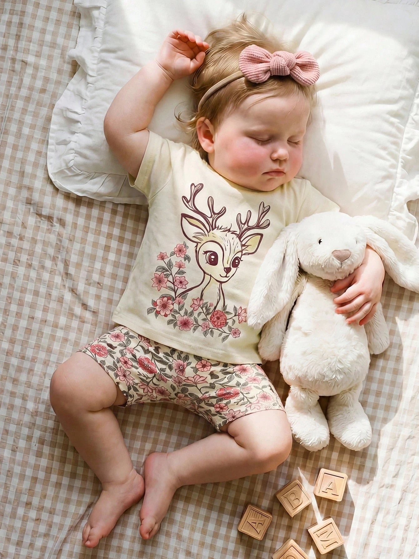 2pcs Girls Deer Floral Print Tee & Shorts Set - Isabelline