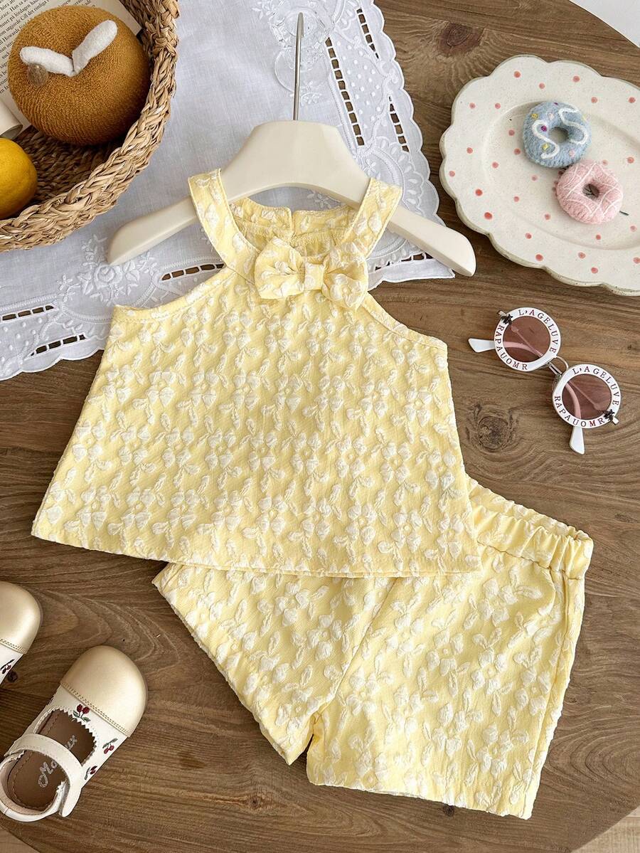 2pcs Girls Floral Jacquard Bow Halter Top & Shorts Set - Buttercup