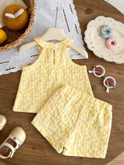 2pcs Girls Floral Jacquard Bow Halter Top & Shorts Set - Buttercup
