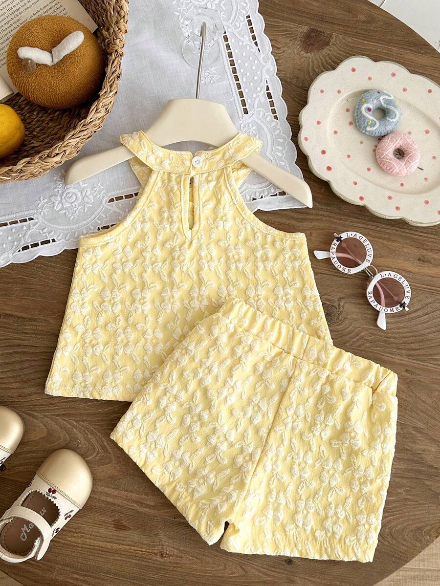 2pcs Girls Floral Jacquard Bow Halter Top & Shorts Set - Buttercup