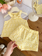 2pcs Girls Floral Jacquard Bow Halter Top & Shorts Set - Buttercup