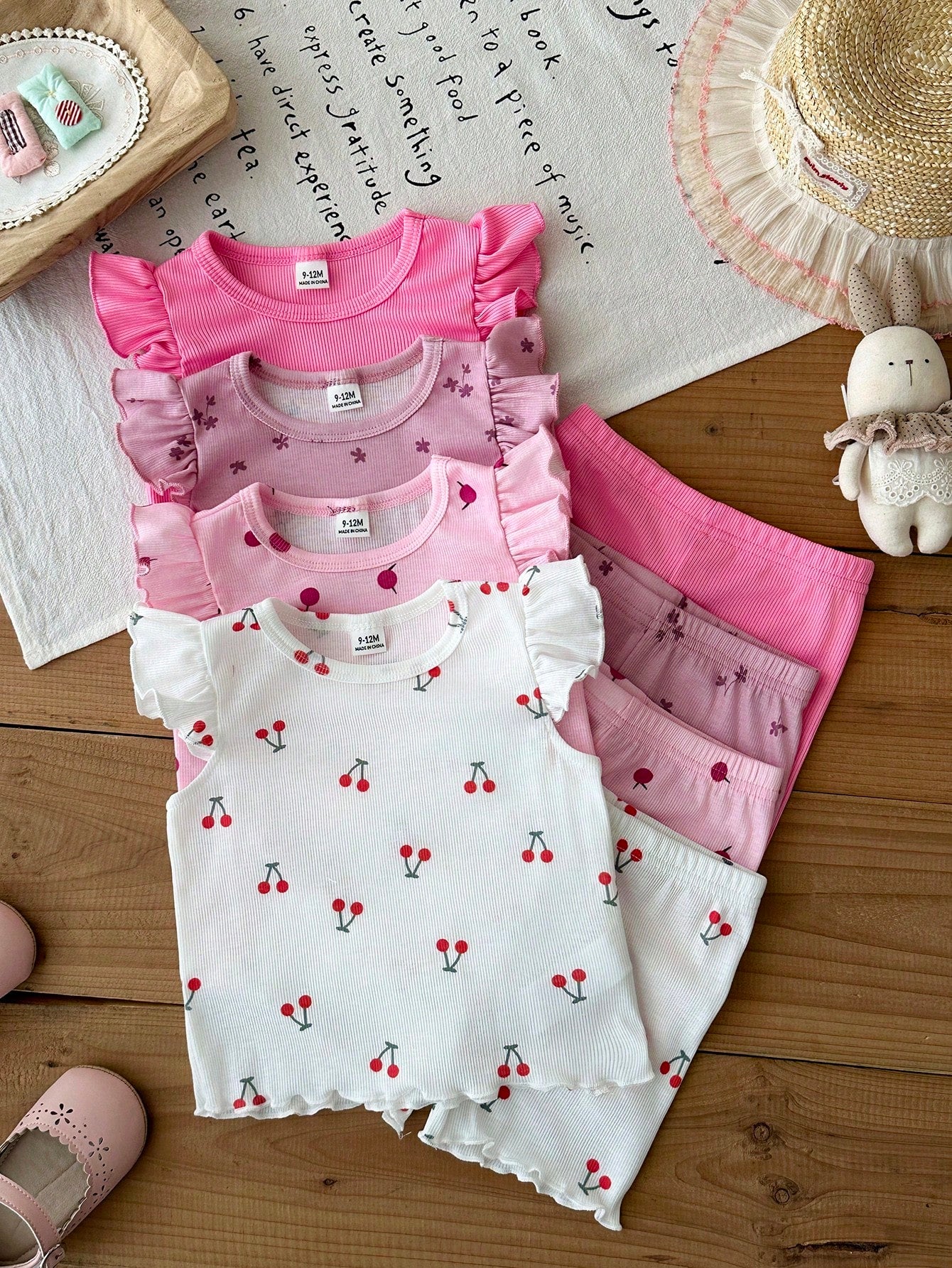 8pcs Girls Ribbed Ruffle Tee & Pants Set - Fuchsia | 21 Century Kids
