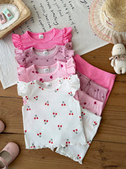 8pcs Girls Ribbed Ruffle Tee & Pants Set - Fuchsia | 21 Century Kids