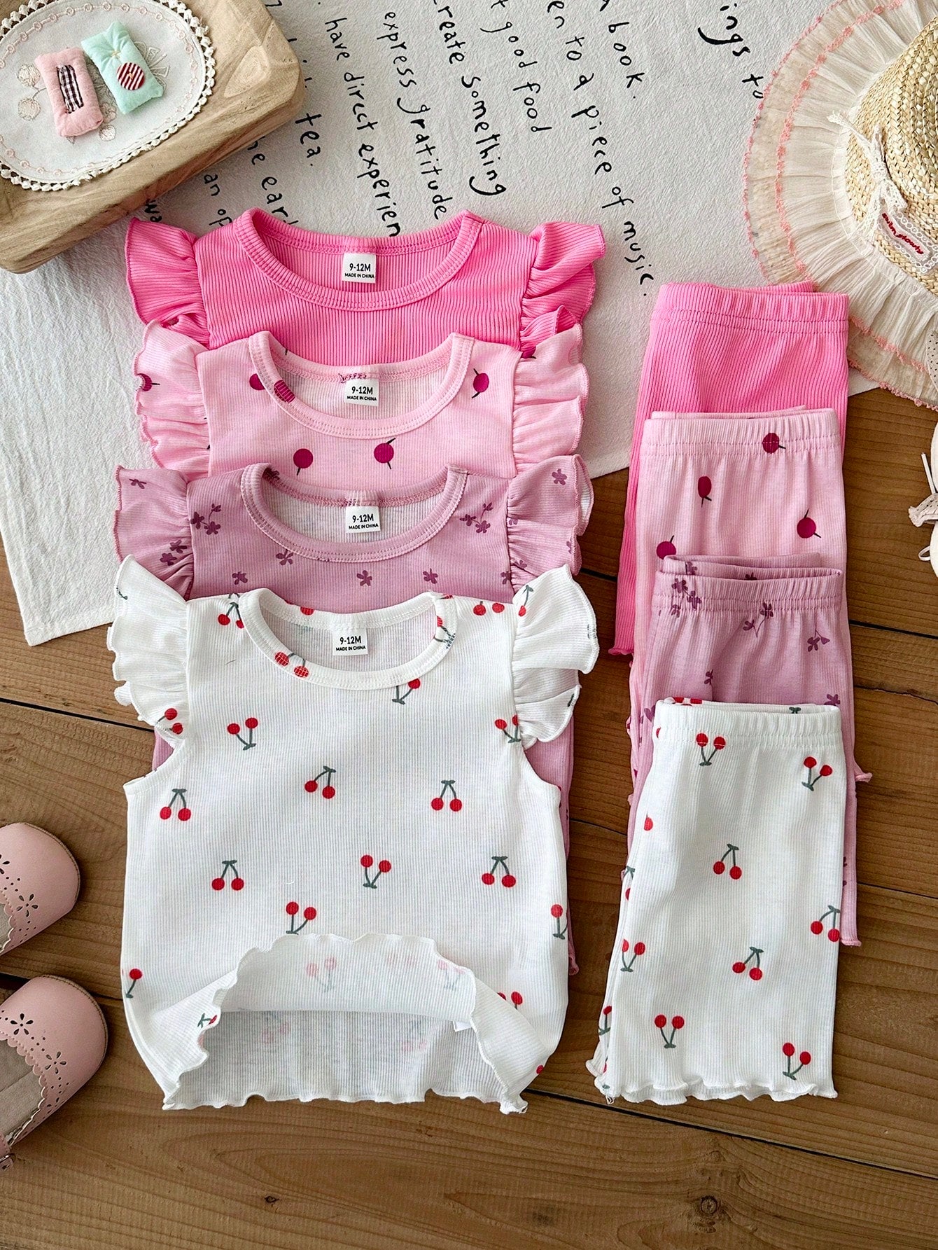 8pcs Girls Ribbed Ruffle Tee & Pants Set - Fuchsia | 21 Century Kids