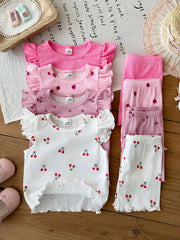 8pcs Girls Ribbed Ruffle Tee & Pants Set - Fuchsia | 21 Century Kids