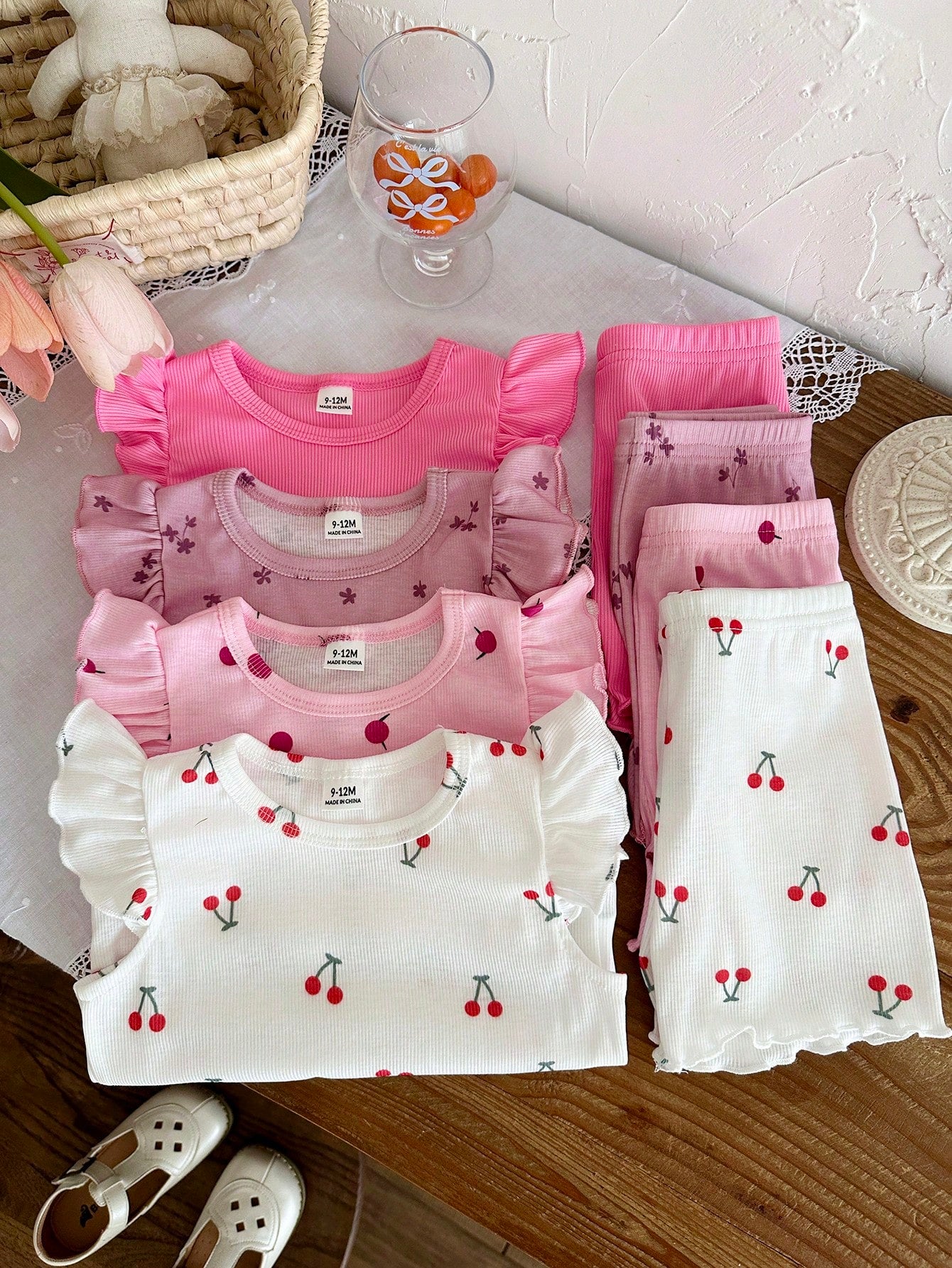 8pcs Girls Ribbed Ruffle Tee & Pants Set - Fuchsia | 21 Century Kids