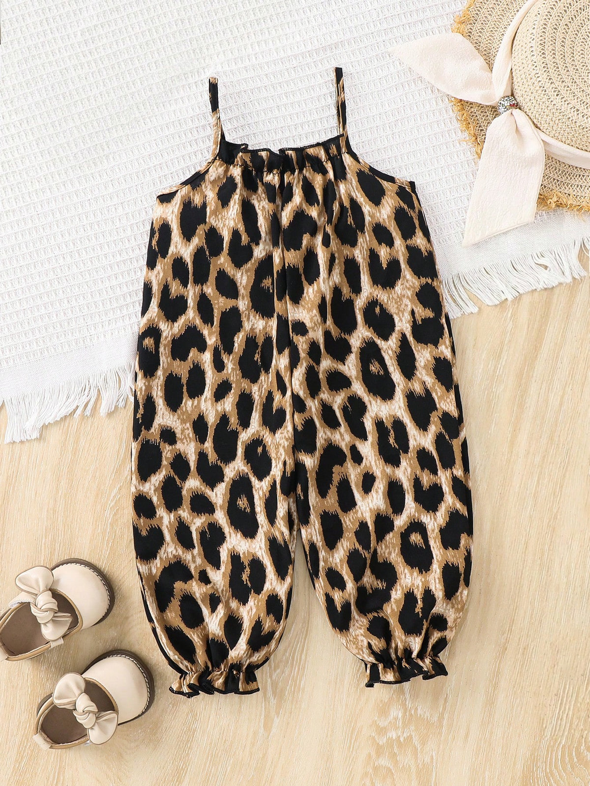 Baby Girls Leopard Print Spaghetti Strap Romper - Amber