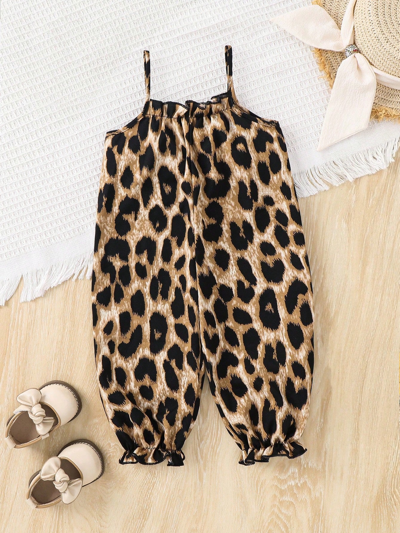 Baby Girls Leopard Print Spaghetti Strap Romper - Amber