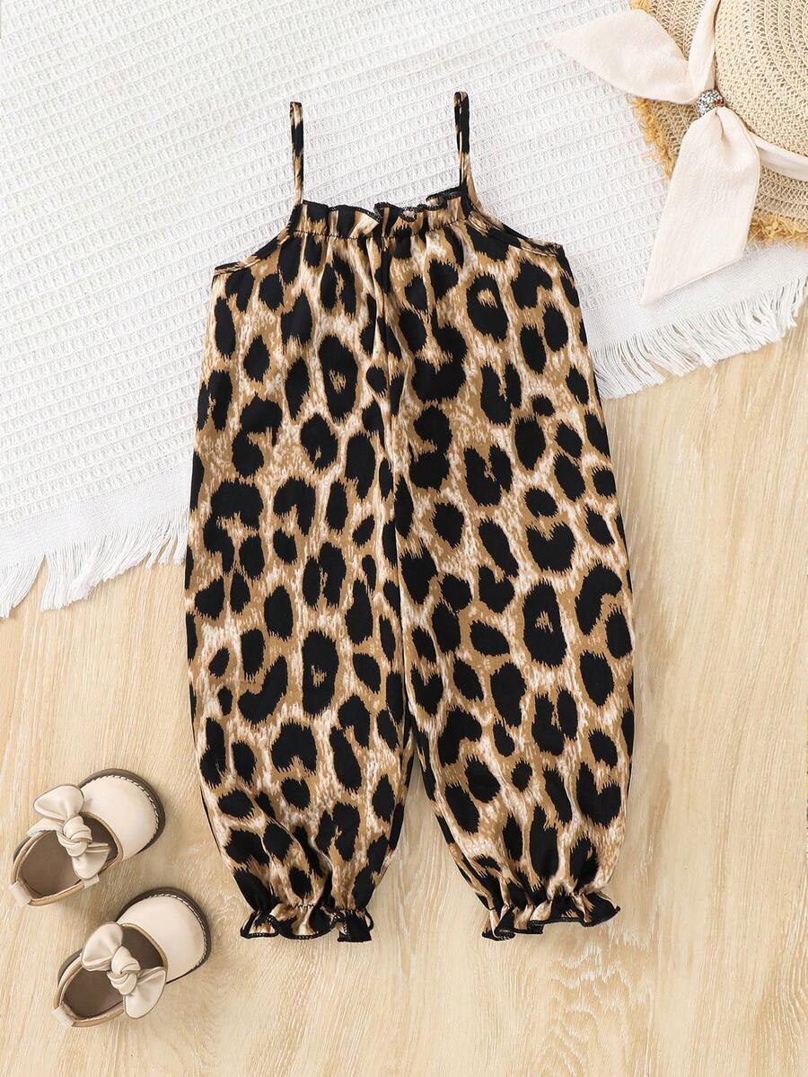 Baby Girls Leopard Print Spaghetti Strap Romper - Amber