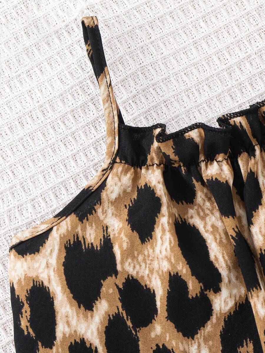 Baby Girls Leopard Print Spaghetti Strap Romper - Amber