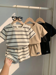Little Boys Striped Crew Neck Tee & Shorts Set - Ivory