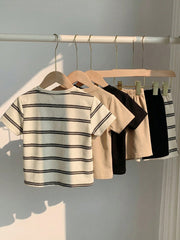 Little Boys Striped Crew Neck Tee & Shorts Set - Ivory