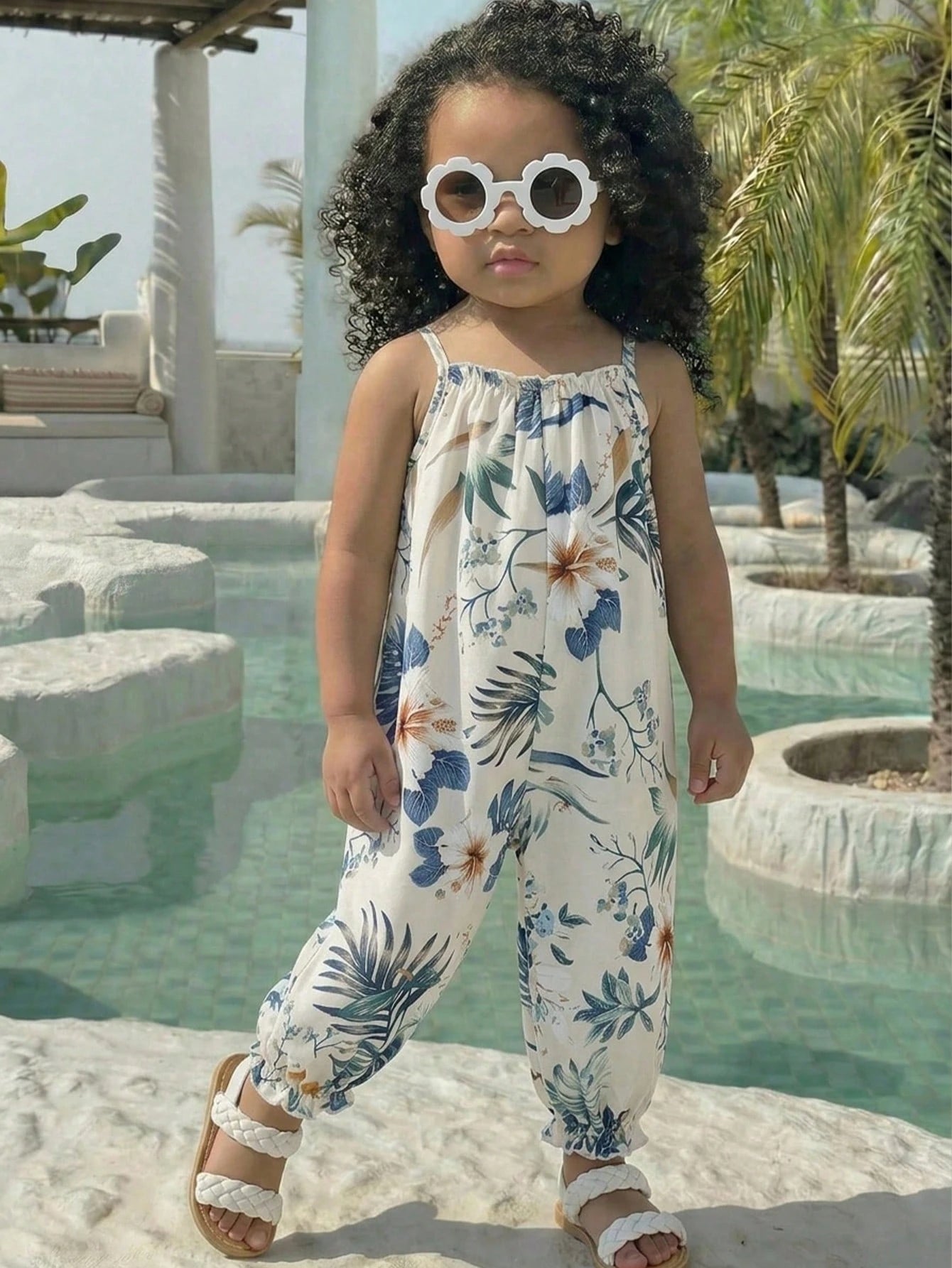 Girls Tropical Floral Spaghetti Strap Harem Jumpsuit - Ivory