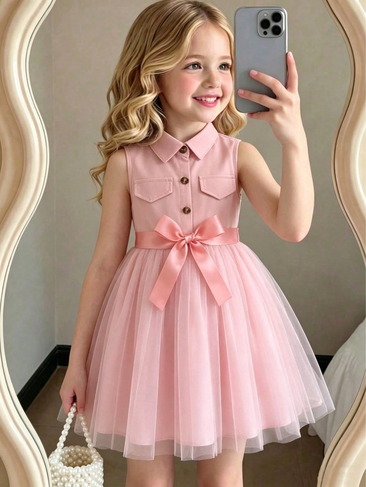 Girls Collared Button-Front Tulle Skirt Dress - Blush