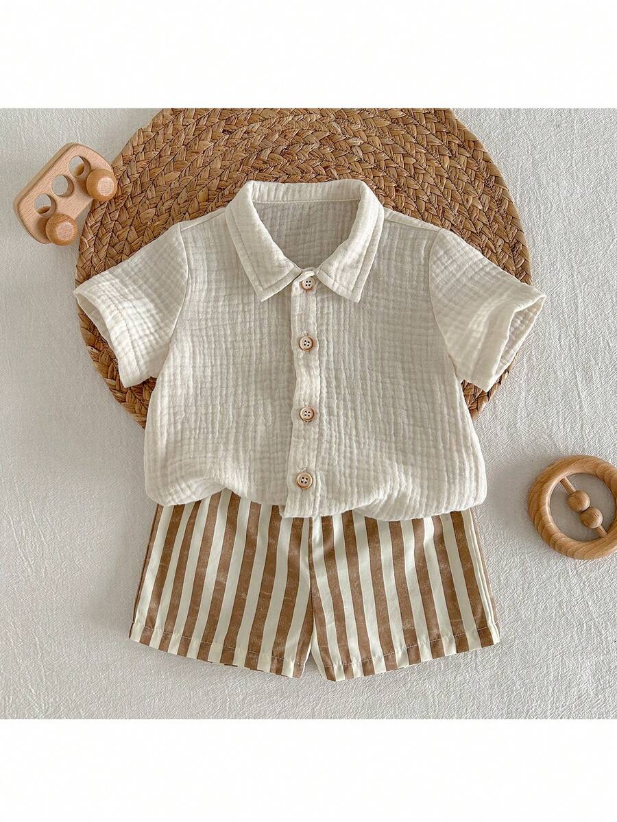Baby Boys Muslin Collar Shirt & Striped Shorts Set - Ivory